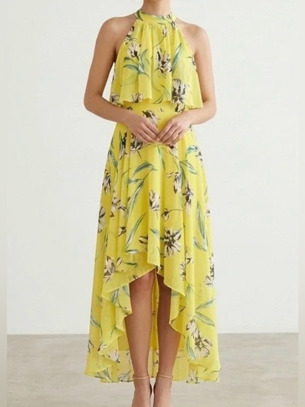 Eliza J Yellow Floral Halter Hi-Low Maxi Dress NWT